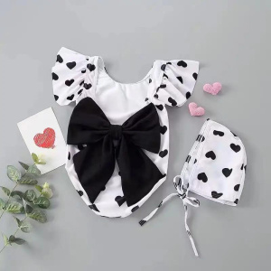 Adorable Bow Backless Baby Girls Swimwear Heart Print Toddler Boys Girls Swimsuit Kids Bikini Set with Cap Child Swimwear