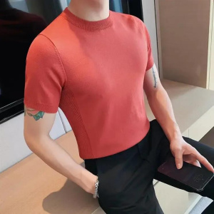 Mens Short Sleeve Knitted Sweater New Fashion Solid Color Casual Round Neck Slim Fit T-shirt Brand Men's Clothing