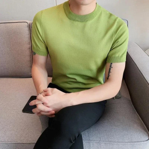 Mens Short Sleeve Knitted Sweater New Fashion Solid Color Casual Round Neck Slim Fit T-shirt Brand Men's Clothing