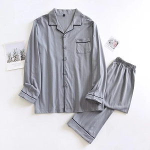 New men's pajamas long-sleeved trousers suit 100% cotton knitted striped plus size home clothes two-piece set