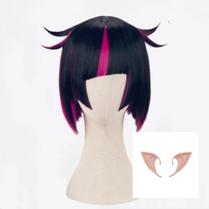 Lilia Vanrouge Cosplay Wig Black Purple Mixed Short Heat Resistant Synthetic Hair Halloween Party Anime Wigs + Wig Cap + Ears