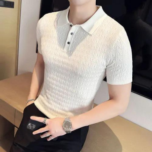 New Slim-Fit Jacquard Knitted Short-Sleeved Polo Shirt for Men's Fashion Lapel Golf Shirt