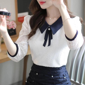 Women's Style Lace Blouses Shirt Women Peter Pan Collar Solid Color Half Sleeve Elegant Lace Tops