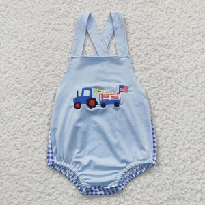 Newborn July 4th Romper Suspender Embroidery Flag Dog Jumpsuit Toddler Kid Children Matching Girl Boy Stars Overall One-piece - Baby Blue Romper - 2T