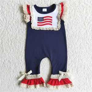 Newborn July 4th Romper Suspender Embroidery Flag Dog Jumpsuit Toddler Kid Children Matching Girl Boy Stars Overall One-piece - Dark Blue_White & Red 1 - 0-3M