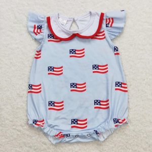 Newborn July 4th Romper Suspender Embroidery Flag Dog Jumpsuit Toddler Kid Children Matching Girl Boy Stars Overall One-piece - Baby Blue with Flag Print - 6-12M