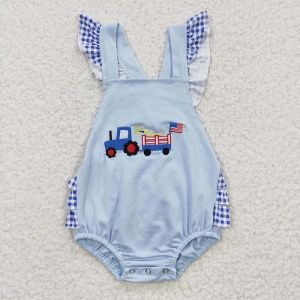Newborn July 4th Romper Suspender Embroidery Flag Dog Jumpsuit Toddler Kid Children Matching Girl Boy Stars Overall One-piece - Baby blue with Tractor Print - 6-12M