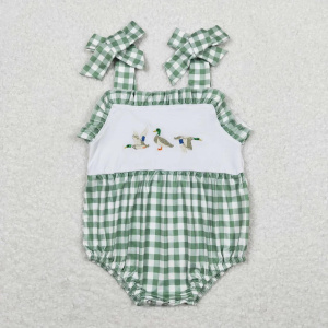 Newborn July 4th Romper Suspender Embroidery Flag Dog Jumpsuit Toddler Kid Children Matching Girl Boy Stars Overall One-piece - Green & White Check 1 - 3-6M