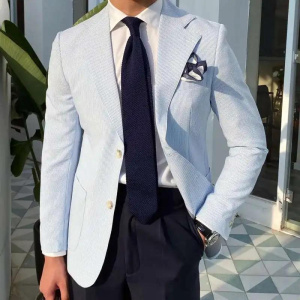 British Gentry Blazer Men Thin Men Leisure Blue Striped Seersucker Blazer  Business Tuxedos Slim Groom Men Blazer