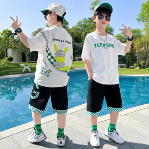 Boys Cotton Alphabet Cartoon T-Shirt Tops+Patchwork Plaid Shorts Pant Set School Kids Tracksuit Child 2PCS Outfit 5-14Yr