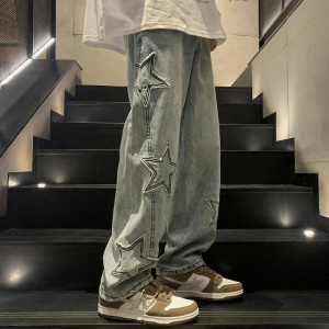 Baggy Jeans for Men - Star Embroidery Wide Leg Straight Denim Pants | Gothic Y2K Streetwear Hip-Hop Loose Fit Casual Neutral Fashion Trousers