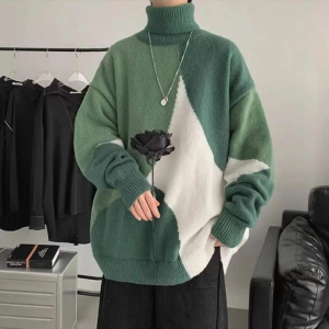 Knitted Turtleneck Warm Sweater Men Fashion Women Patchwork Streetwear Casual Pullovers All-match Loose Bottoming Sweater