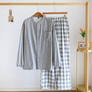 New Japanese Men's Pajama Set 100% Cotton Plaid Long Sleeve Pants Home Suit Two Piece Cardigan Set for Men