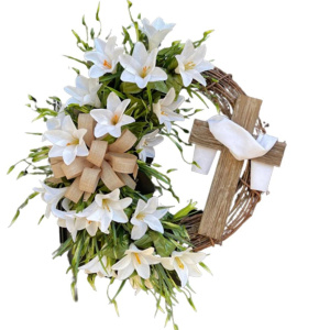 New Easter Cross Wreath with Bow Rattan Ring Garland Hanging Ornament for Home Front Door Wall Garden Decoration art gift