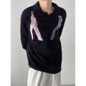 Lapel design jumper embroidered imitation mink down sweater men winter comfortable loose y2k tight knit school style top