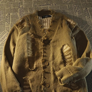 Ripped distressed design fringed knitted cardigan sweaters for men and women long-sleeved jackets for loose