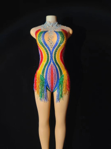 Women Sexy Mesh Rainbow Stripe Water Diamond Elastic Tight jumpsuit DJ Female Singer Bar Nightclub Stage Performance Clothing
