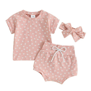 Suefunskry Baby Girl Casual Clothes Flower Print Short Sleeve Round Neck T-Shirt with Shorts and Headband Outfit