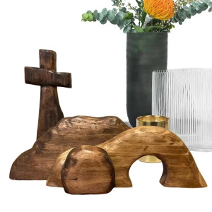 Wooden Easter Tomb Scene Jesus Nativity Scene Wooden Cross Empty Tomb Statue Set Easy Assemble Removable Easter Statue Decor