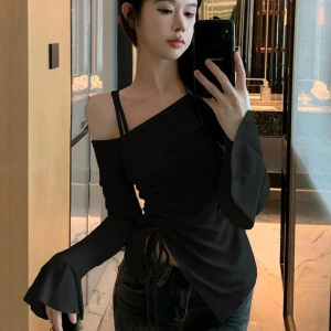 Cotton Flare Sleeve T Shirts Women Solid Bodycone Basic Long Sleeve Crop Tops Casual Shirring Off-shoulder Tees