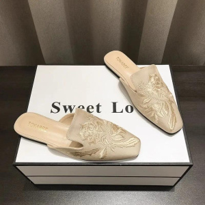 Women's Mules Slippers Footwear Flats Retro Chinese Style Flowers Elegant Dress Low Heel Sandals Designer Slides on sales