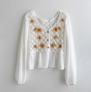Crochet Top Chiffon Flower Embroidery Daisy Long Sleeve Button Front Fake Two-Piece Blouse Fairycore Cottagecore
