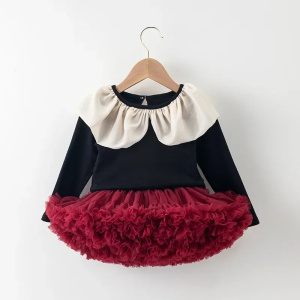 New Children Girls Ruffle collar Long-sleeved T-shirt + Tutu Skirt Summer Ruffled Fluffy Tulle Skirt 2Pcs Clothing Sets Pink