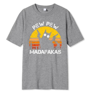 Pew Pew Madafakas Cat Two-Gun Printing for Men, Cotton Breathable T Shirts, Loose Clothes, Hip Hop Street T-shirt