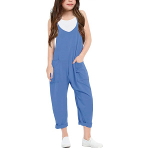 Fashion casual girls V-neck halter jumpsuit solid color loose with pockets lightweight trousers girls