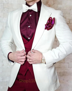 3 Pieces Handsome Men Costume Ivory Blazer Sets Burgundy Vest and Pants Groomsmen Formal Party Suit Groom Tuxedo For Wedding