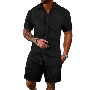European and American Style Men's Casual Sports Suit Trendy Loose Solid Color Breathable Short Sleeve Shirt Shorts