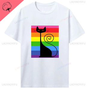 Funy Cuddle Cat LGBT Pride Month Gay Lesbian Rainbow Ally Summer Cotton T-Shirt Woman Summer Clothing Graphic Tees Gifts Lesbian