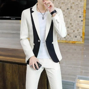 Men's Slim Fit Korean Style Business Suit Two-Piece Set Fashionable Trendy Color Matched Suit And Trousers Ensemble