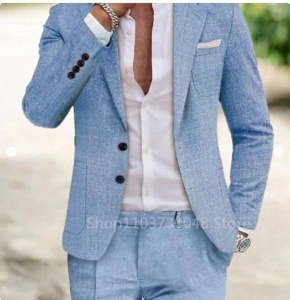 Light Blue/Beige Linen Men Suits Notch Lapel Slim Fit Two Buttons Blazer Pants Groom Tuxedos Wedding Prom 2 Piece Sets