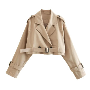 Belt Cropped Trench Jacket Women Vintage Streetwear Double Breasted Long Sleeve Top Female Coat Outfits