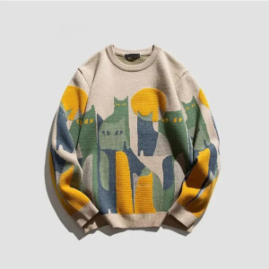 New Trendy Cartoon Cat Sweater Loose Fit Knitted Top Base Couple Jacket Men Women Casual Scene