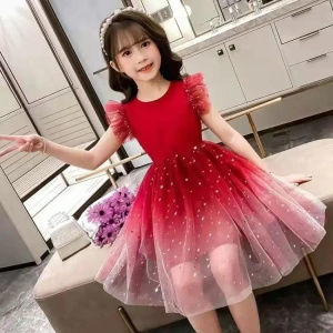 Girls Stars Gradient Short Sleeves Dress Kids Lace Mesh Princess Dress Children Halloween Carnival Party Costume