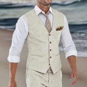 Beige Linen Suit Vest for Men Wedding Beach One Piece Waistcoat V Neck Male Fashion Cost