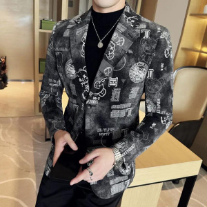 Jacquard Denim Suit Jacket for Men Fashion Business Casual Blazers Streetwear Social Men Clothing