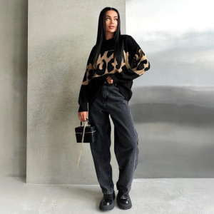 Vintage Leopard Print Women's Sweater Loose Causal Oversized Knitwear Women Fashion O-neck Female Clothing