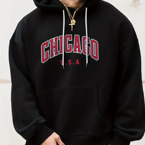 Men's casual fashion Chicago USA printed loose oversized sports comfortable fleece warm hooded sweatshirt