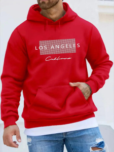 Men's fashionable casual loose Los Angeles pattern printed fleece pullover long sleeved hooded sweatshirt