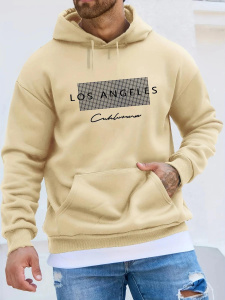 Men's fashionable casual loose Los Angeles pattern printed fleece pullover long sleeved hooded sweatshirt
