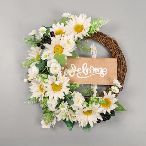 Artificial Sunflower Wreath for Front Door Green Eucalyptus Wreaths with Welcome Sign Wall Window Outdoor Decor