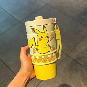 Pokemon Anime Psyduck Pikachu Water Straw Cup Cartoon Cute Drink 304 Stainless Inner Tank Steel Portable  Travel Coffee Cup Gift