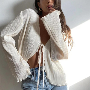 Women Pleated Plain Shirts Chic Long Flare Sleeve V- Neck Tie Up Cardigans Tops for Casual Party Street