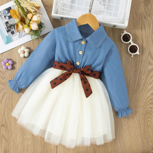Long Sleeved Dress Girl Denim Blue Dress Two Pieces Tutu Dress For Kids Send Bow Belt