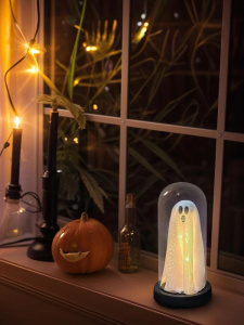 Cute Ghost with Light Ghost Halloween Decor Halloween Ghost in Clear Cloche with Light for Home Mantel Tabletop Party Decor