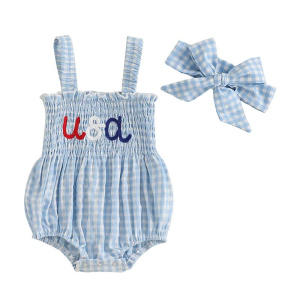 Cute Baby Girl 4th of July Set Red Plaid Romper with Embroidered Letters and Matching Headband for Summer Celebrations