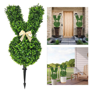 Hot Rabbit Shaped Topiary Trees, Artificial Green Plants, Swaying Ears & Brown Bow Tie, For Easter Porch Decor Outdoor Indoor